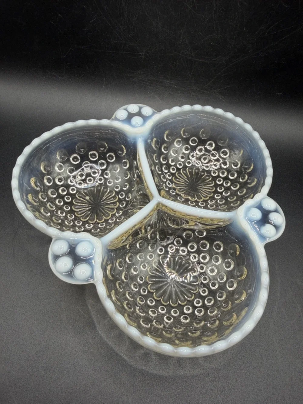 Vintage Opalescent Moonstone Hobnail Clear White Glass Divided Serving Dish